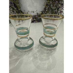 Vintage Two (2) Bohemian Cordial/Shot Glass Turquoise & Gold MCM Retro Barware